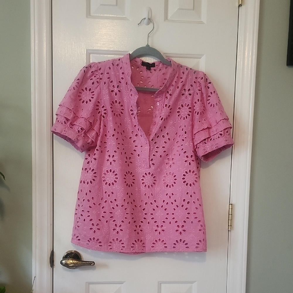 J. Crew Pink Relaxed Blouse with Mandarin Collar and Short Sleeves